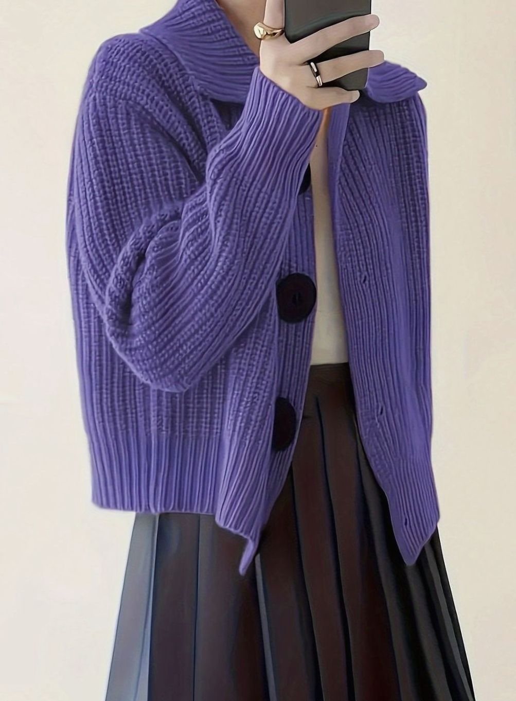 Women's Relaxed-Fit Ribbed Knit Sweater Folded Collar Pullover
