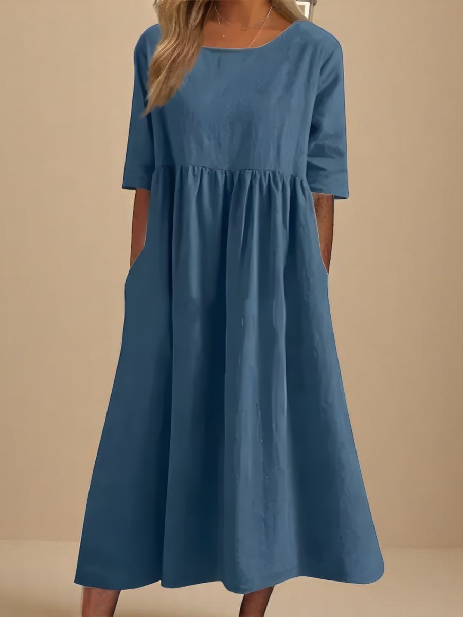 Women's Relaxed-Fit Round-Neck Half-Sleeve Cotton Midi Dress Pockets - Blue