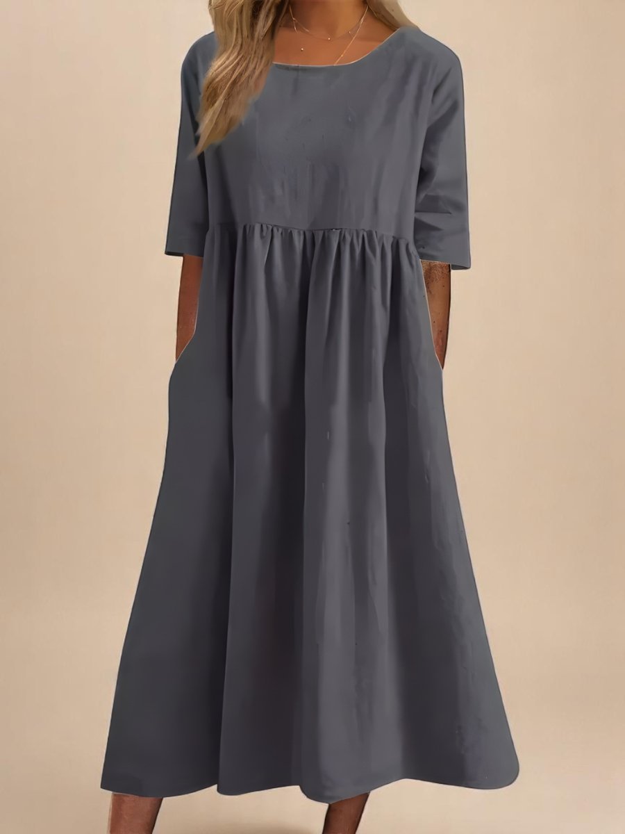Women's Relaxed-Fit Round-Neck Half-Sleeve Cotton Midi Dress Pockets - Gray