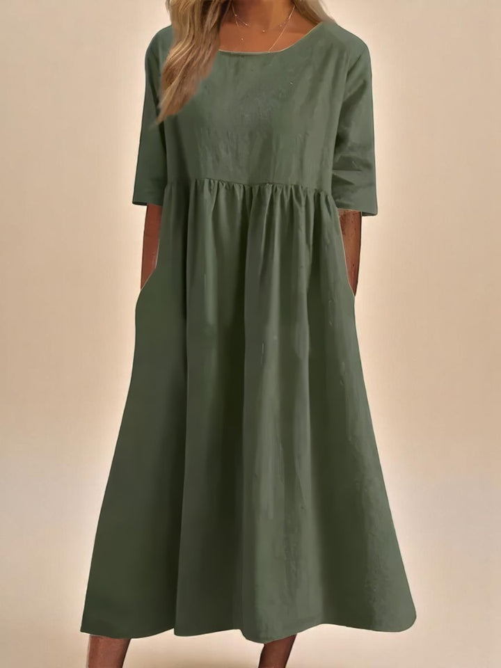 Women's Relaxed-Fit Round-Neck Half-Sleeve Cotton Midi Dress Pockets - Green