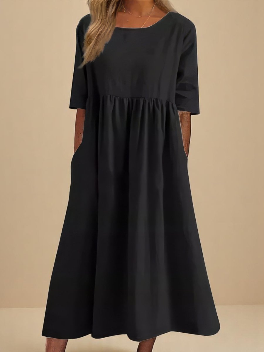Women's Relaxed-Fit Round-Neck Half-Sleeve Cotton Midi Dress Pockets - Black