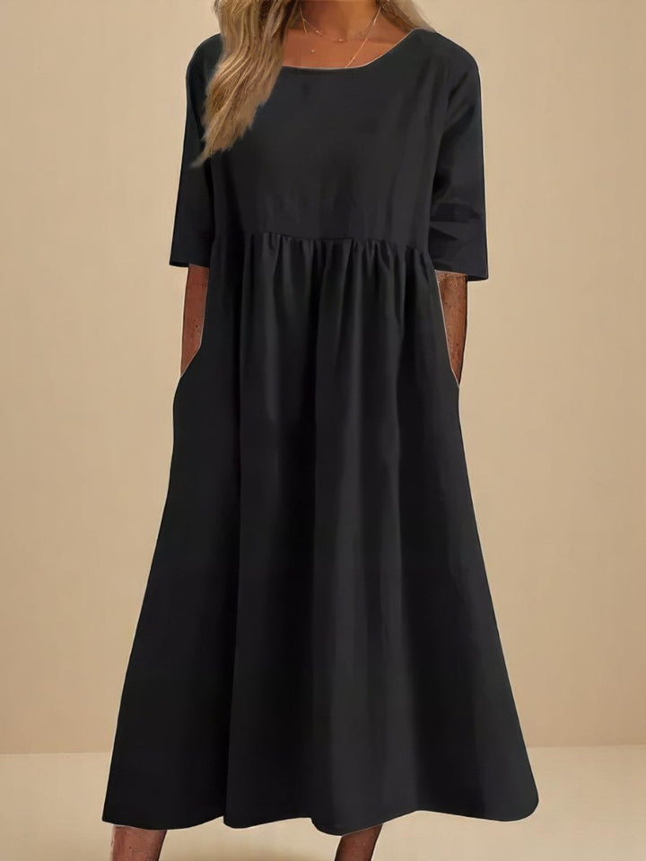 Women's Relaxed-Fit Round-Neck Half-Sleeve Cotton Midi Dress Pockets - Black
