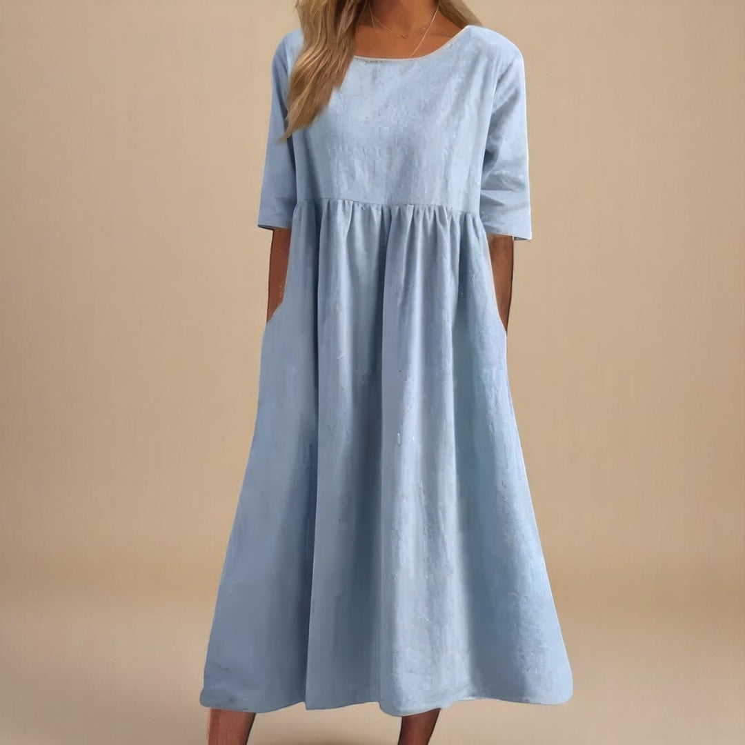 Women's Relaxed-Fit Round-Neck Half-Sleeve Cotton Midi Dress Pockets - Sky Blue