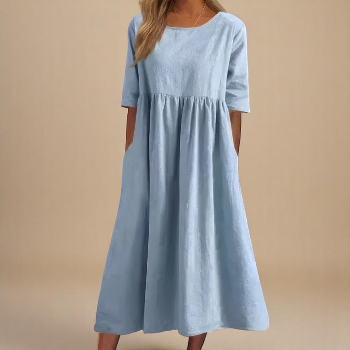 Women's Relaxed-Fit Round-Neck Half-Sleeve Cotton Midi Dress Pockets - Sky Blue