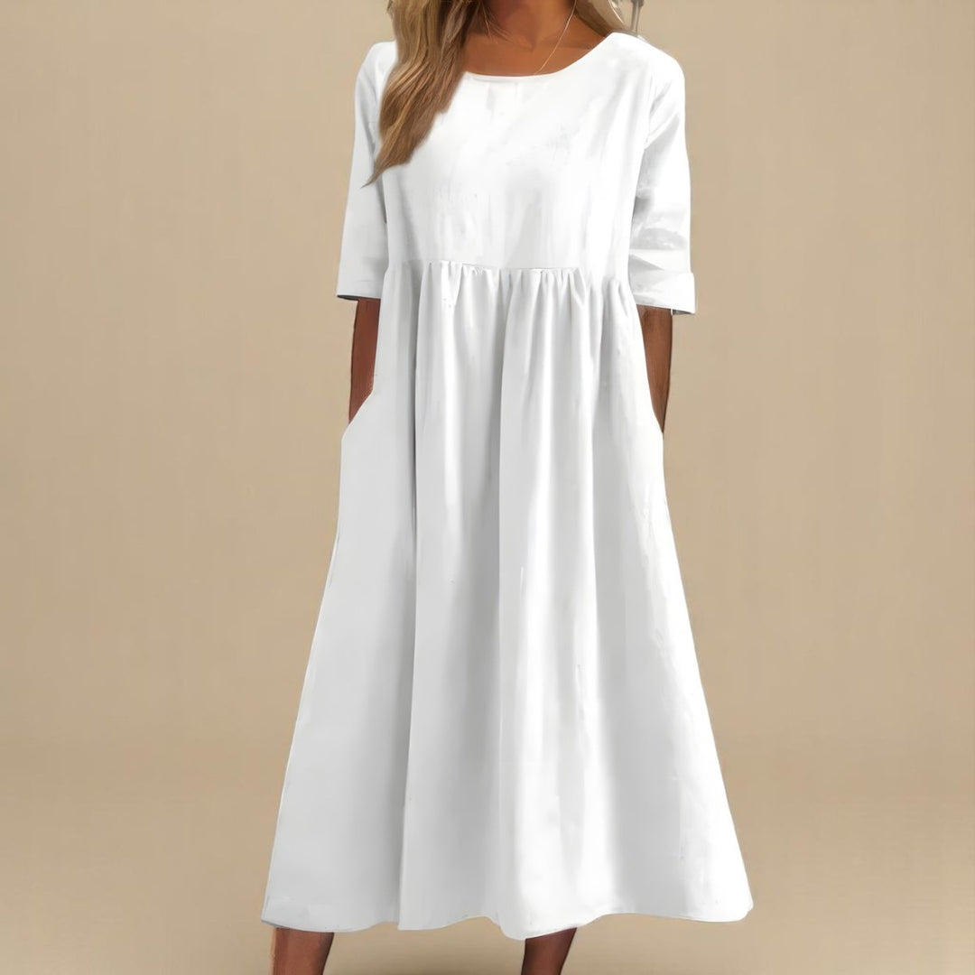 Women's Relaxed-Fit Round-Neck Half-Sleeve Cotton Midi Dress Pockets - White