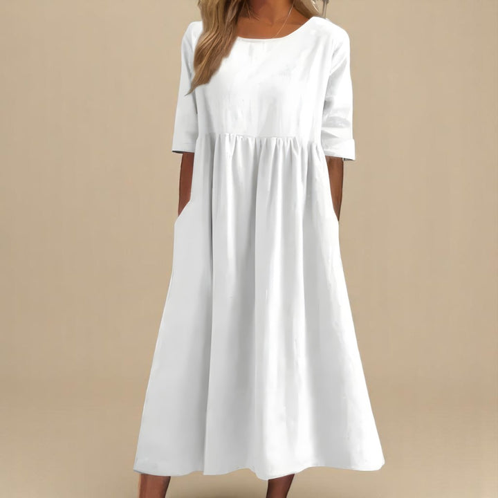 Women's Relaxed-Fit Round-Neck Half-Sleeve Cotton Midi Dress Pockets - White