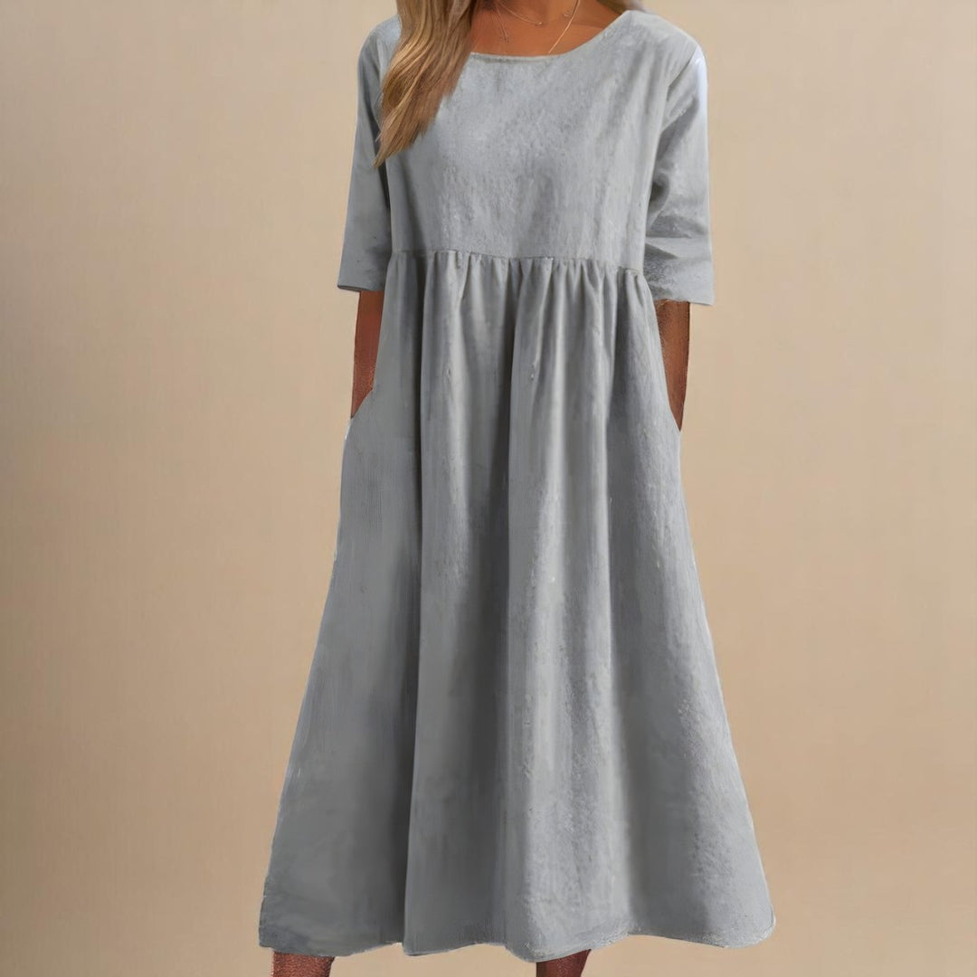 Women's Relaxed-Fit Round-Neck Half-Sleeve Cotton Midi Dress Pockets - Light Gray