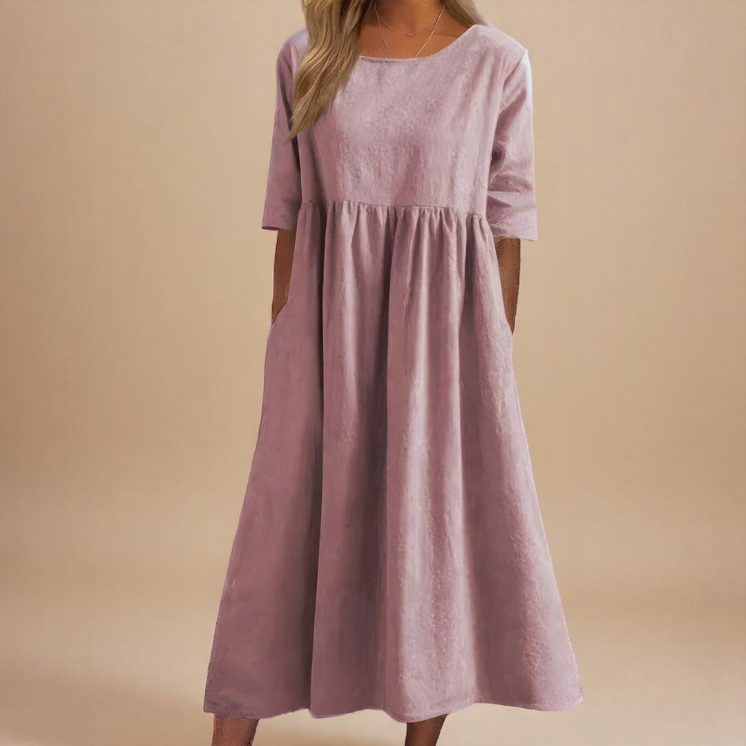 Women's Relaxed-Fit Round-Neck Half-Sleeve Cotton Midi Dress Pockets - Pink