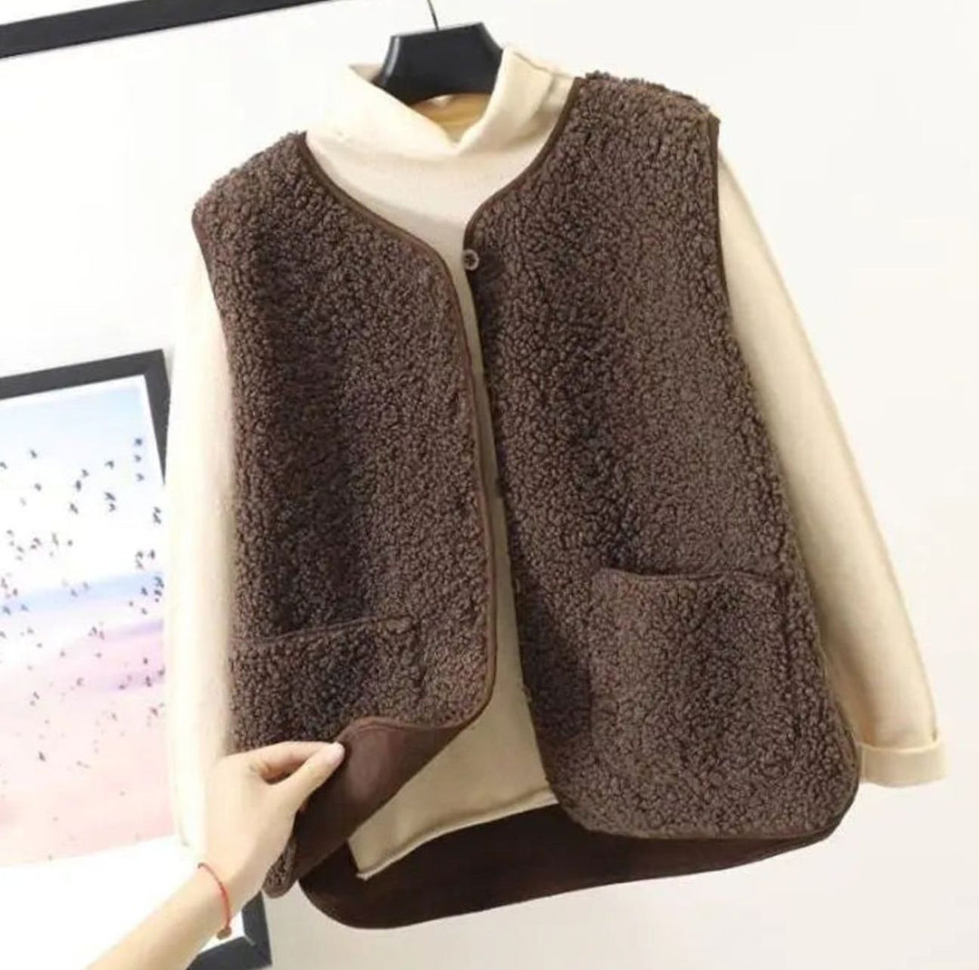 Women's Relaxed-Fit Sherpa Sleeveless Outerwear Vest Pockets - Dark Khaki