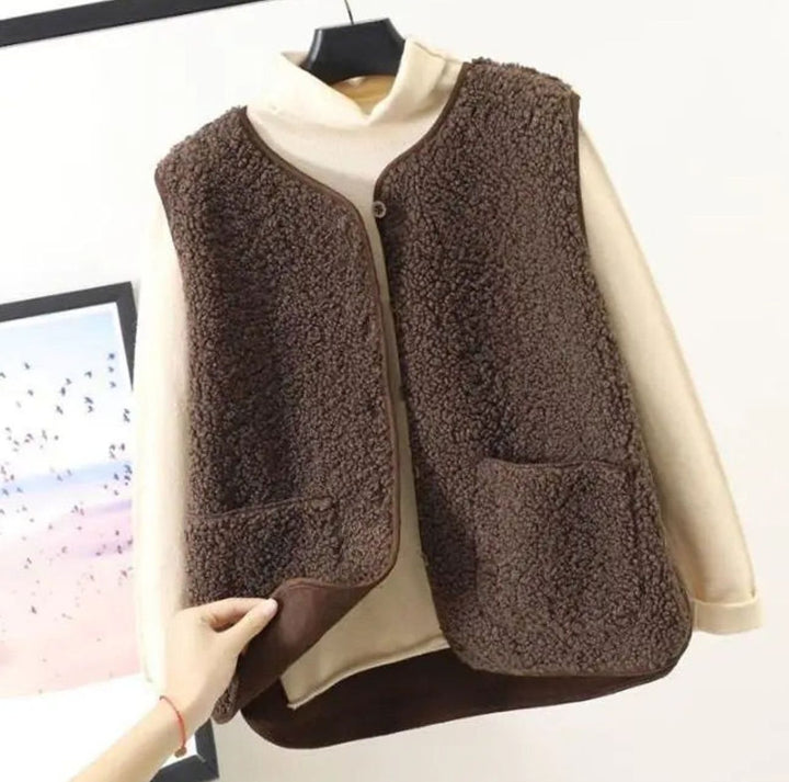 Women's Relaxed-Fit Sherpa Sleeveless Outerwear Vest Pockets - Dark Khaki