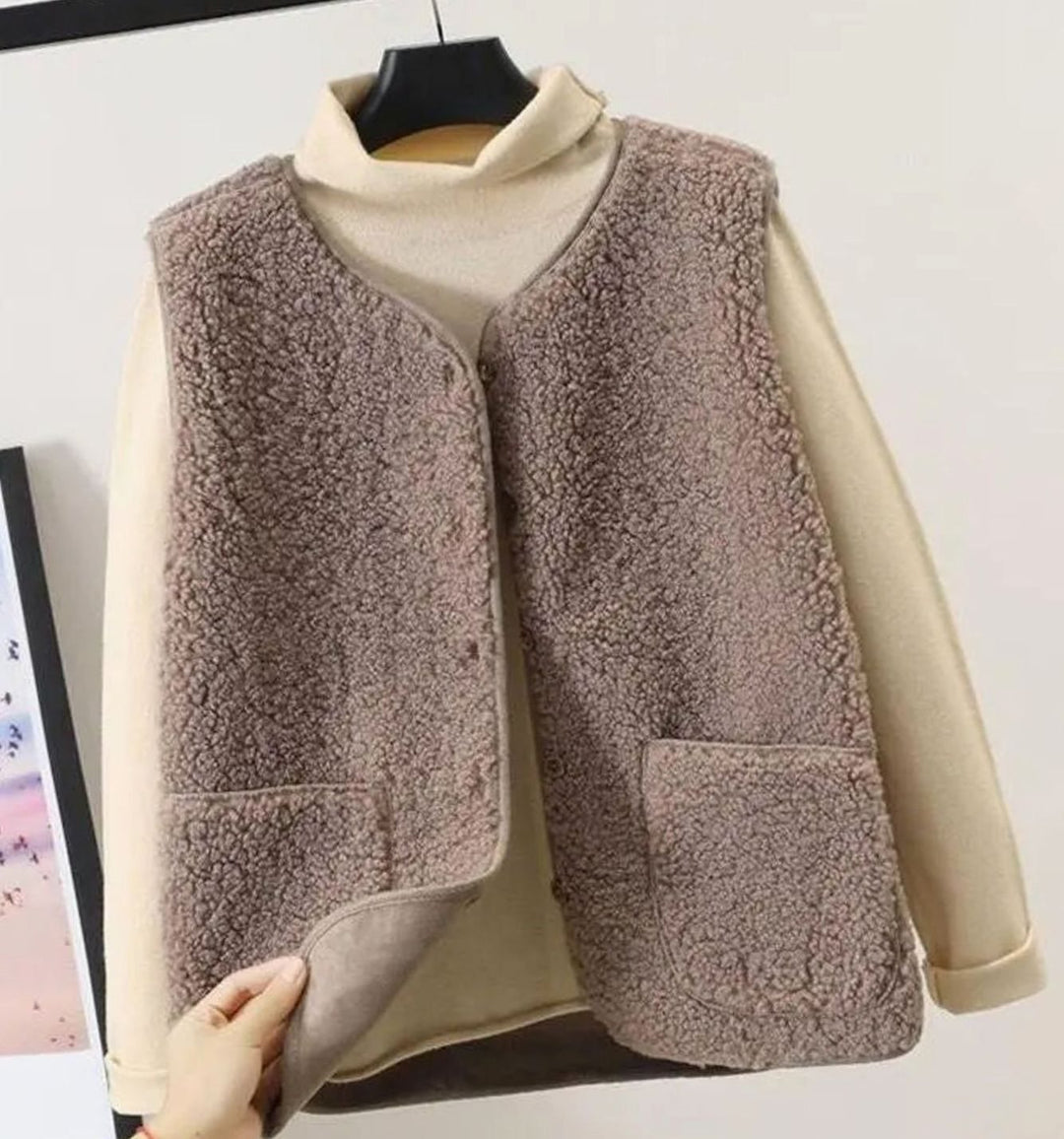 Women's Relaxed-Fit Sherpa Sleeveless Outerwear Vest Pockets - Light Khaki