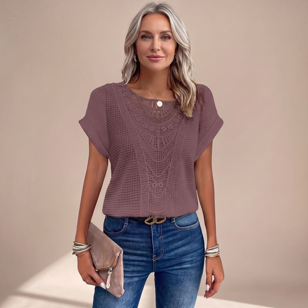 Women's Relaxed-Fit Short-Sleeve Crochet Lace Panel Top - Plum