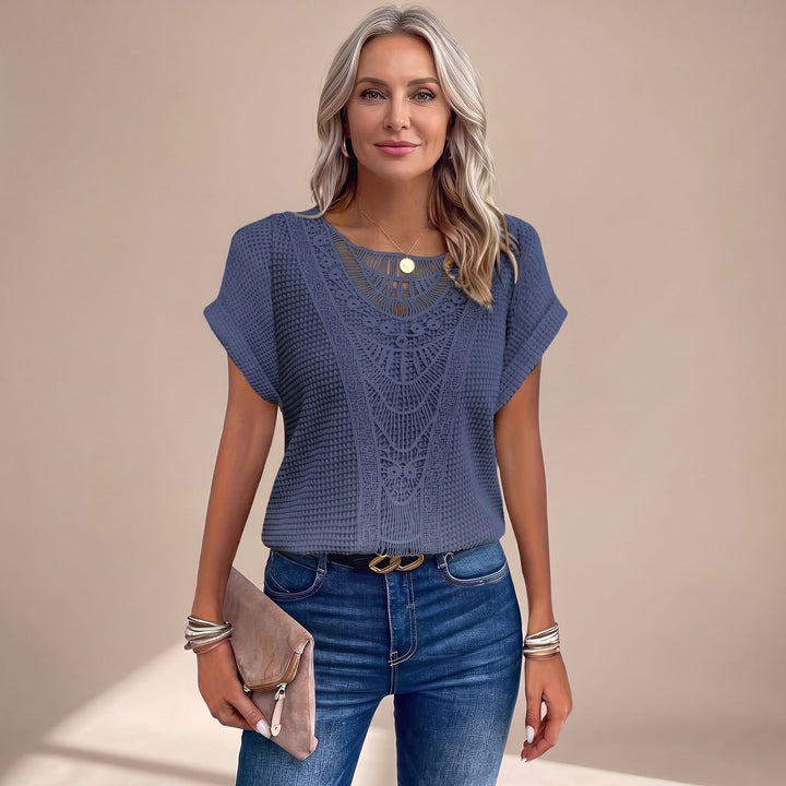 Women's Relaxed-Fit Short-Sleeve Crochet Lace Panel Top - Dark Blue