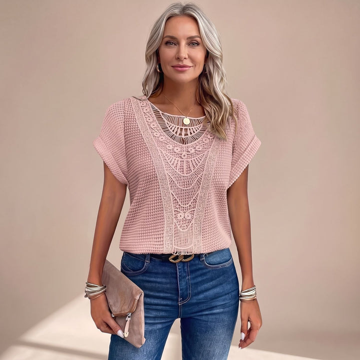 Women's Relaxed-Fit Short-Sleeve Crochet Lace Panel Top - Pink