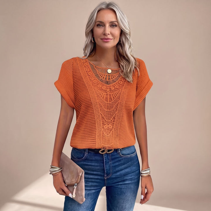 Women's Relaxed-Fit Short-Sleeve Crochet Lace Panel Top - Orange