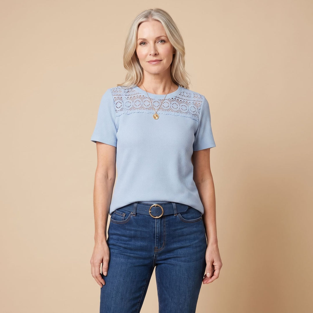 Women's Relaxed-Fit Short-Sleeve Crochet Lace Panel Top - Light Blue
