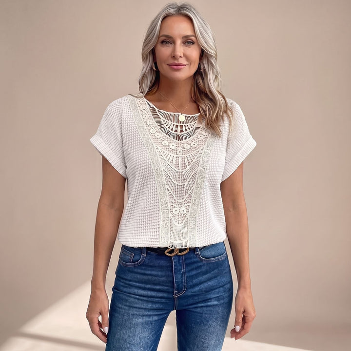 Women's Relaxed-Fit Short-Sleeve Crochet Lace Panel Top - White