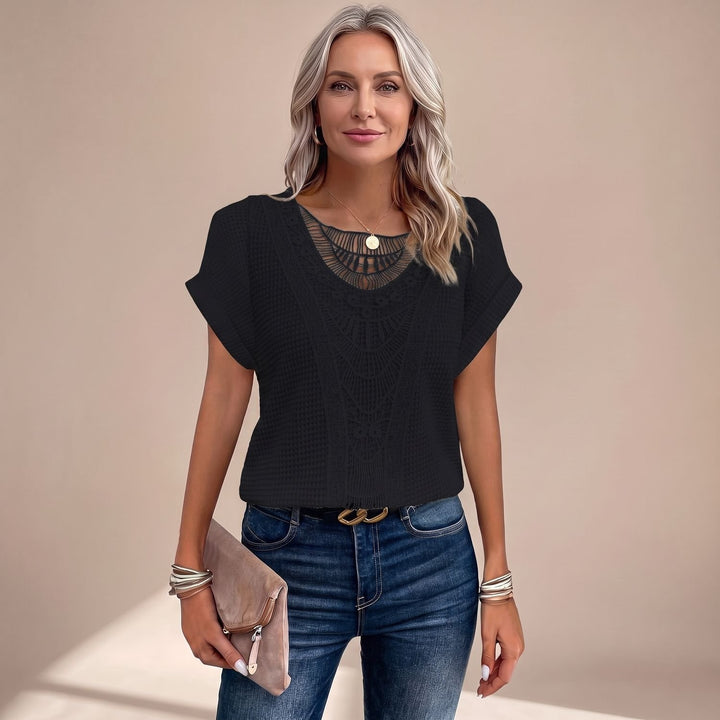 Women's Relaxed-Fit Short-Sleeve Crochet Lace Panel Top - Black