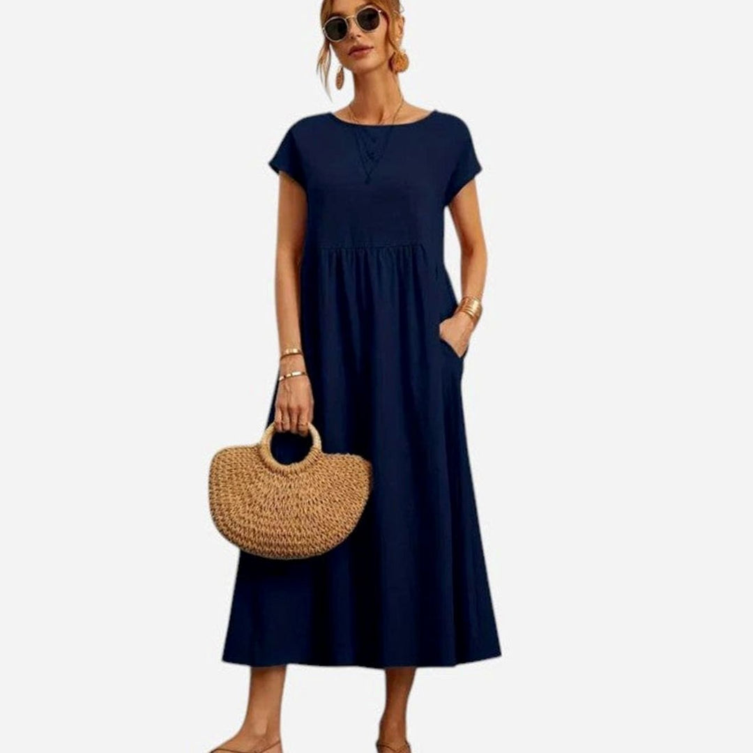 Women's Relaxed-Fit Short-Sleeve Round-Neck Flowy Midi Dress - Dark Blue