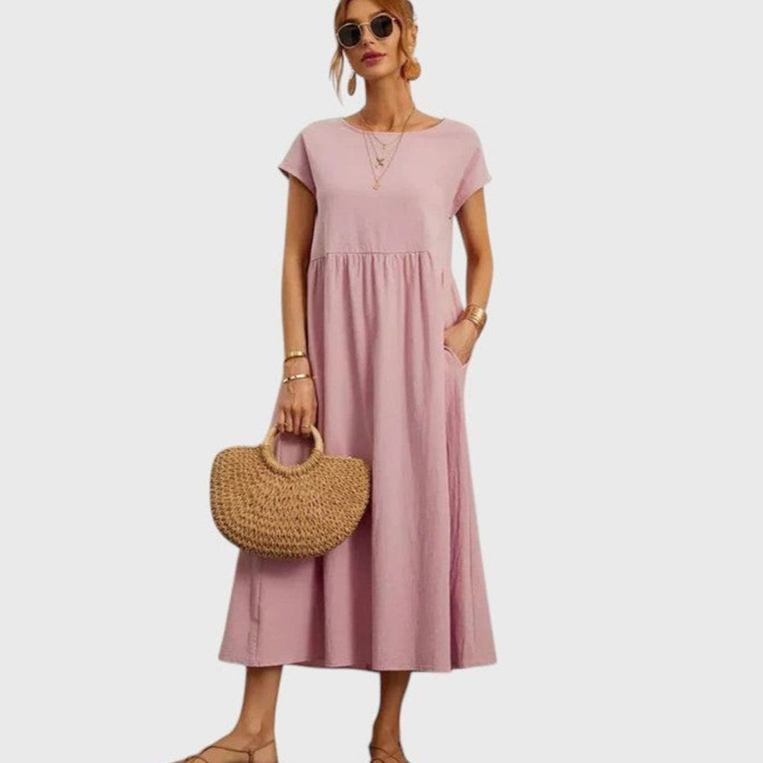 Women's Relaxed-Fit Short-Sleeve Round-Neck Flowy Midi Dress - Rose