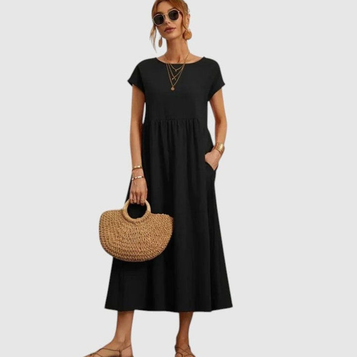 Women's Relaxed-Fit Short-Sleeve Round-Neck Flowy Midi Dress - Black