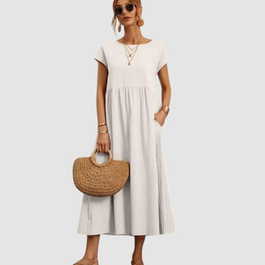 Women's Relaxed-Fit Short-Sleeve Round-Neck Flowy Midi Dress - White