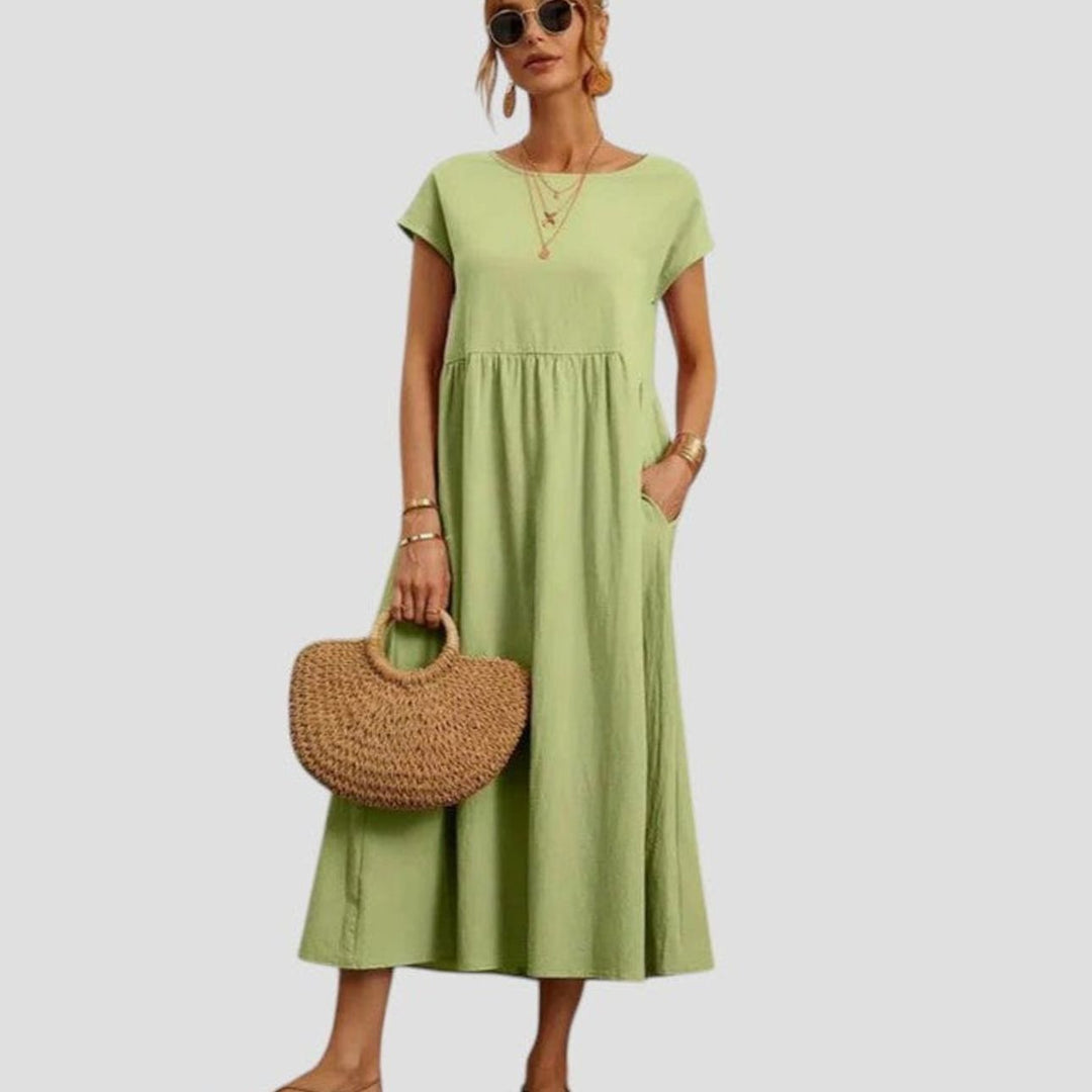 Women's Relaxed-Fit Short-Sleeve Round-Neck Flowy Midi Dress - Light Green