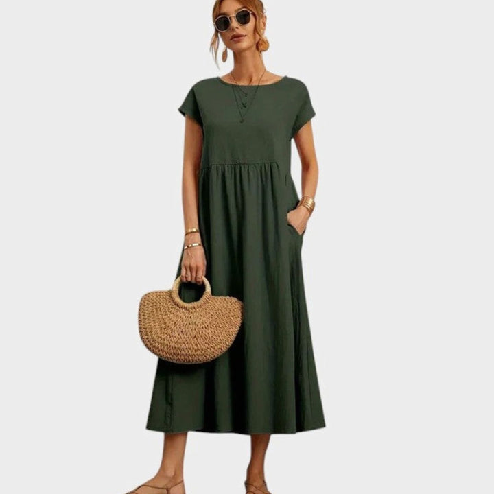 Women's Relaxed-Fit Short-Sleeve Round-Neck Flowy Midi Dress - Dark Green