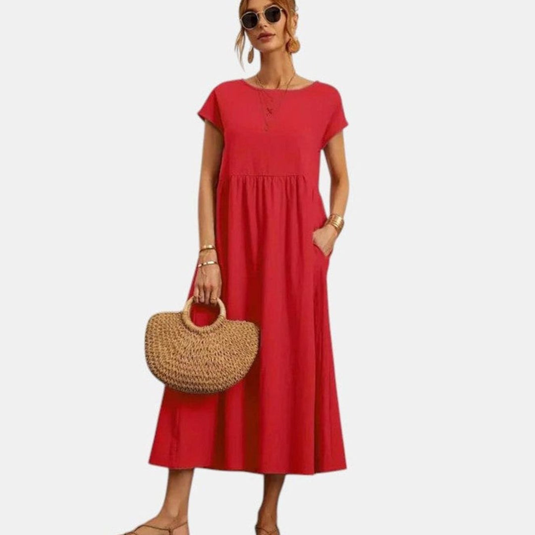 Women's Relaxed-Fit Short-Sleeve Round-Neck Flowy Midi Dress - Red