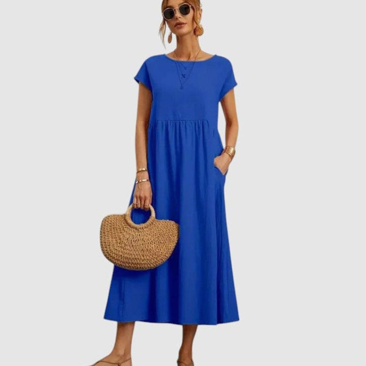 Women's Relaxed-Fit Short-Sleeve Round-Neck Flowy Midi Dress - Blue