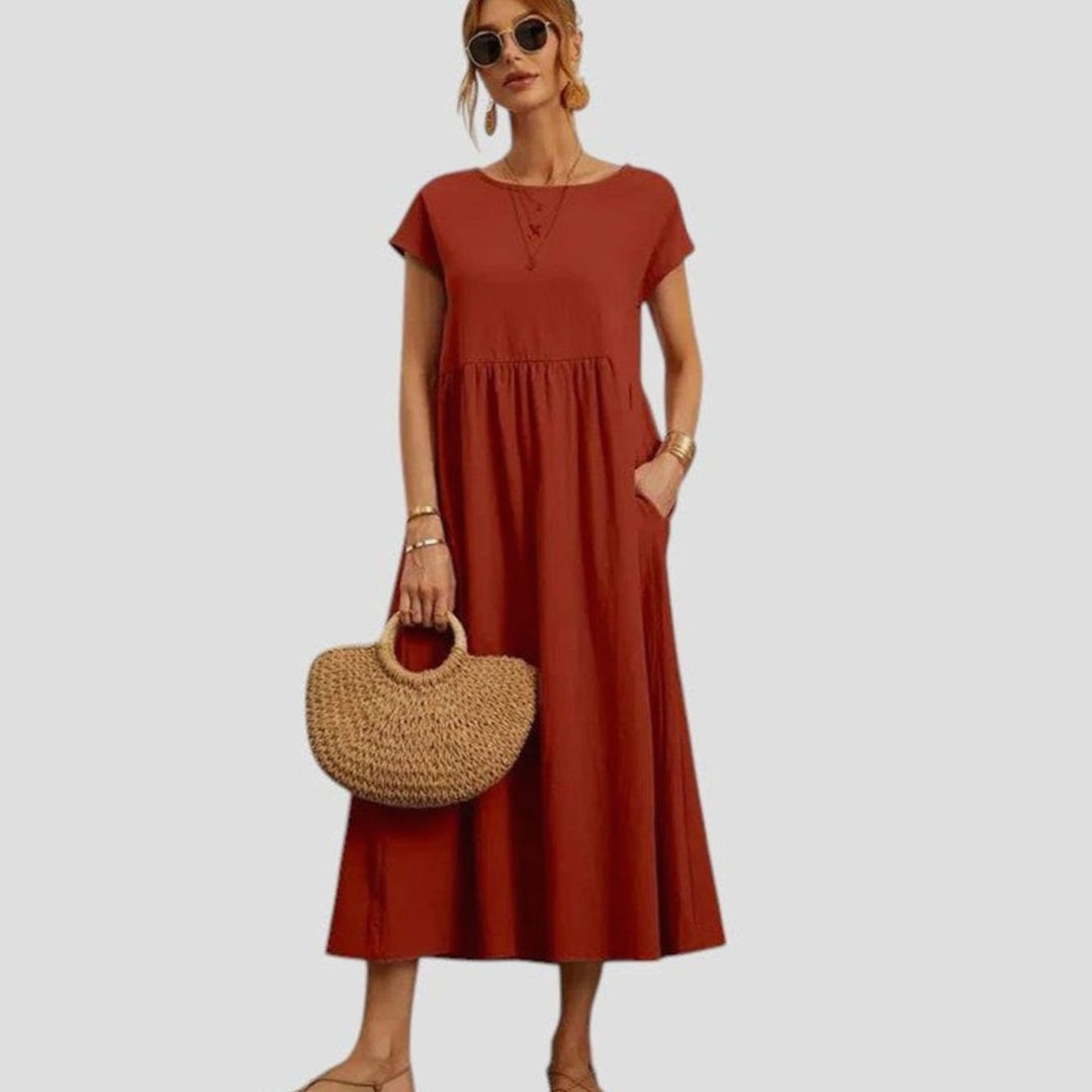 Women's Relaxed-Fit Short-Sleeve Round-Neck Flowy Midi Dress - Rust