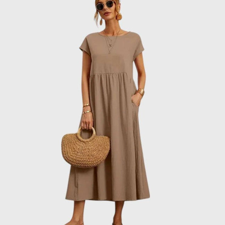 Women's Relaxed-Fit Short-Sleeve Round-Neck Flowy Midi Dress - Khaki