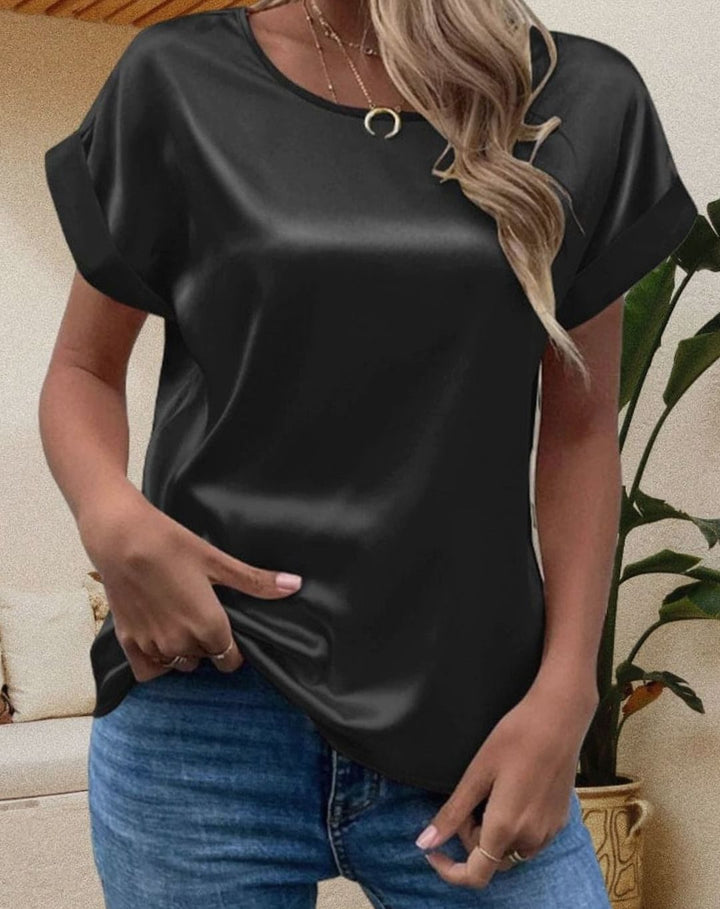 Women's Relaxed-Fit Short-Sleeve Satin Blouses Round Neck Top