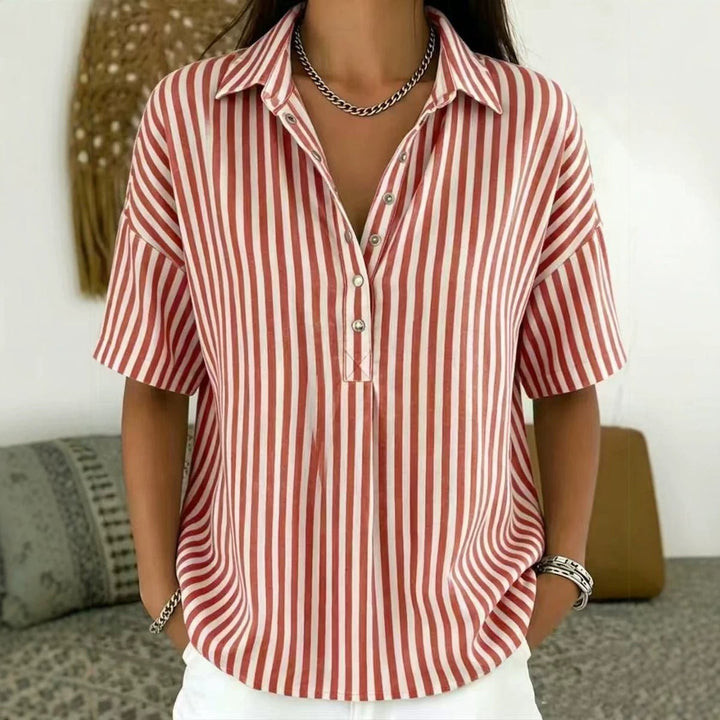 Women's Relaxed-Fit Striped Collared Half-Button Blouse - Red