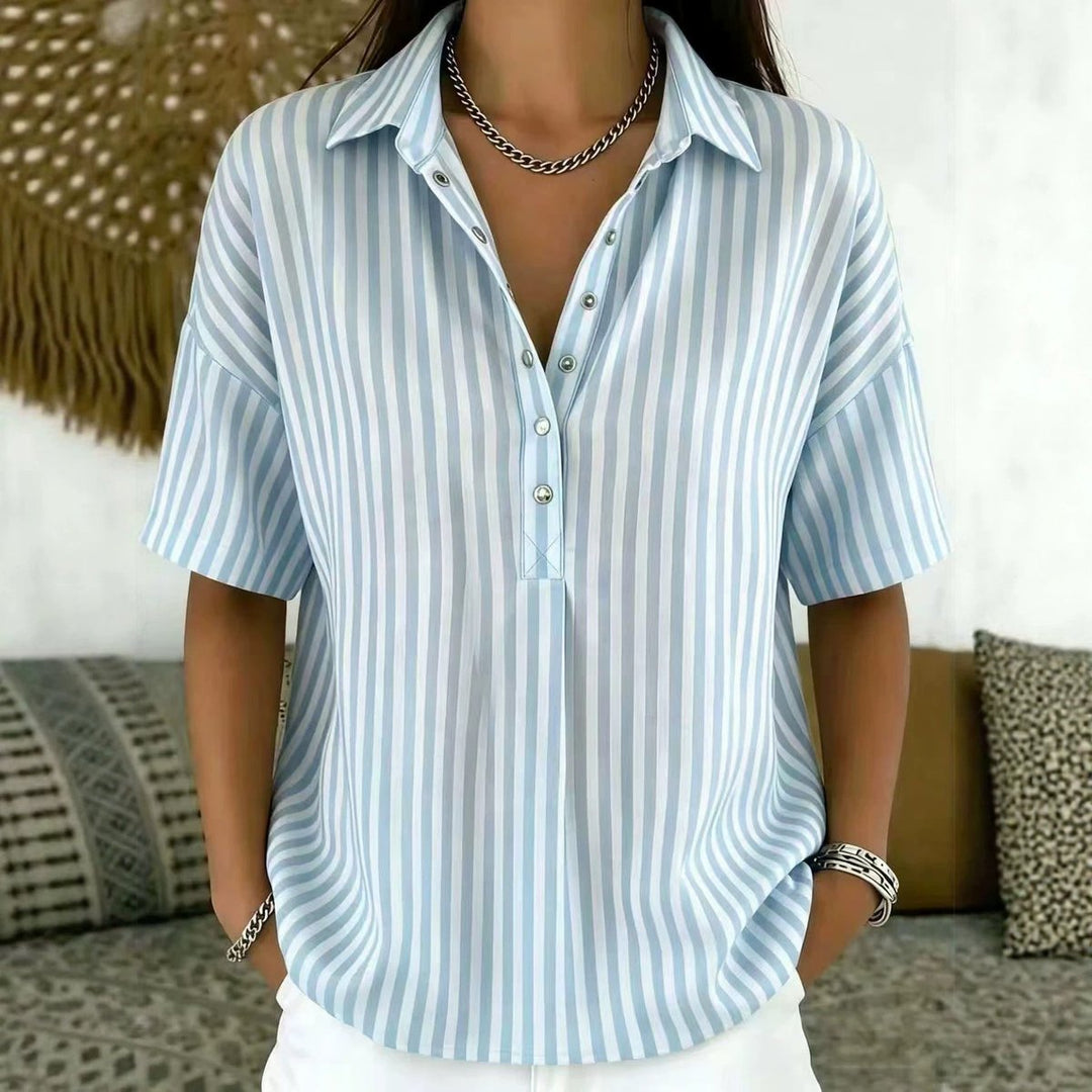 Women's Relaxed-Fit Striped Collared Half-Button Blouse - Blue