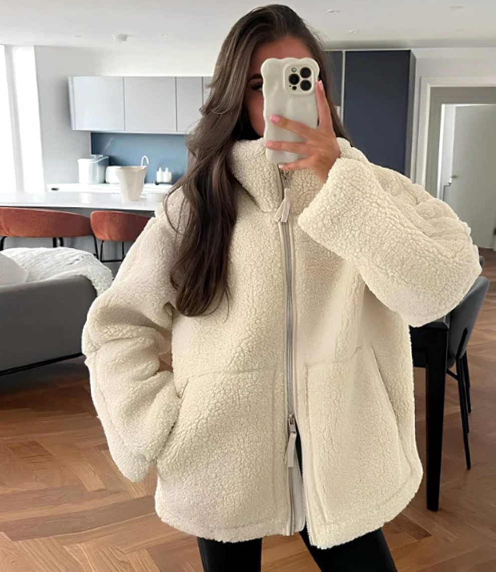 Women's Relaxed-Fit Teddy Zip-Up Fleece Jacket High Neck - White