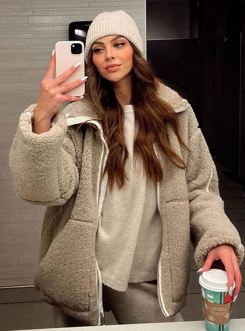 Women's Relaxed-Fit Teddy Zip-Up Fleece Jacket High Neck - Beige