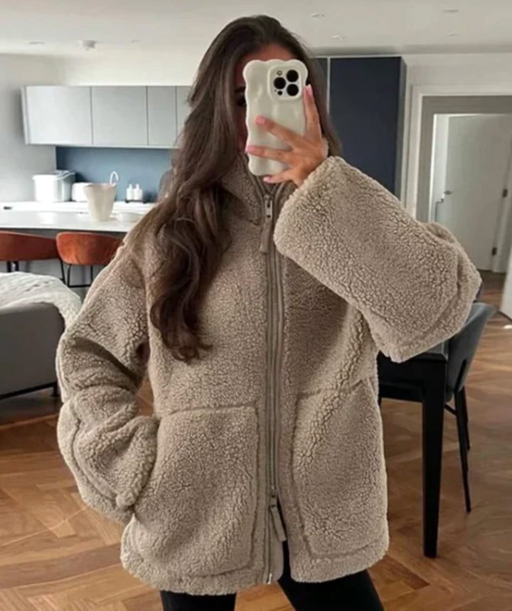 Women's Relaxed-Fit Teddy Zip-Up Fleece Jacket High Neck - Bronze
