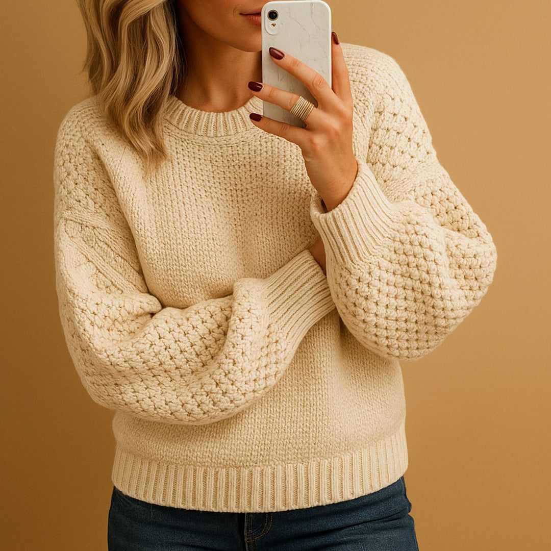 Women's Relaxed-Fit Textured Knit Sweater Crew Neck Pullover - Beige