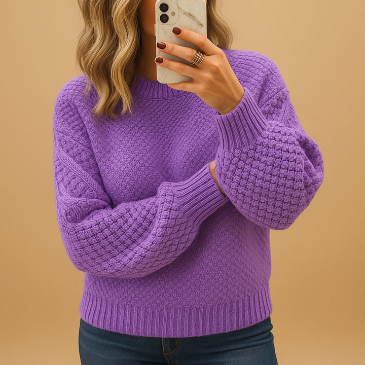 Women's Relaxed-Fit Textured Knit Sweater Crew Neck Pullover - Purple