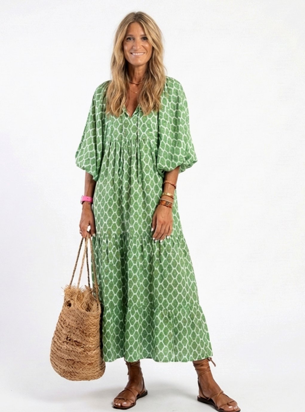 Women's Relaxed-Fit Three-Quarter Sleeve Tiered Midi Dress - Green