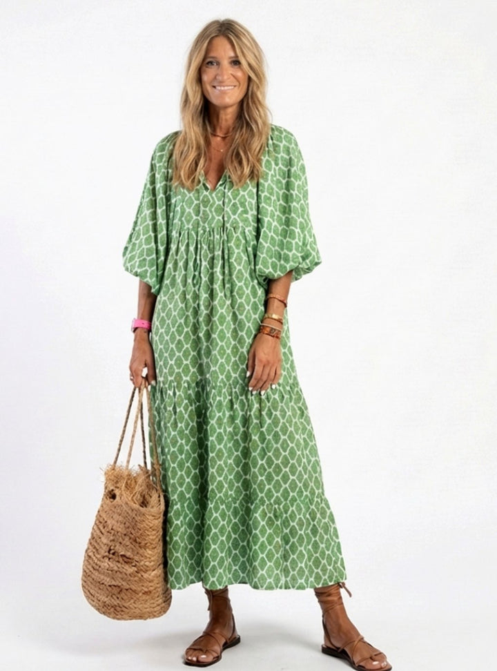 Women's Relaxed-Fit Three-Quarter Sleeve Tiered Midi Dress - Green