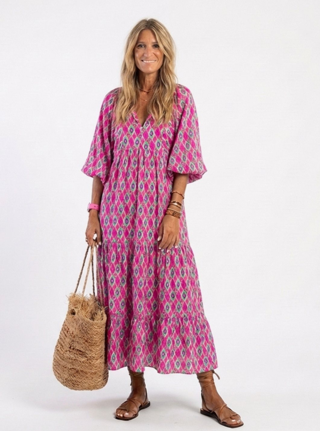 Women's Relaxed-Fit Three-Quarter Sleeve Tiered Midi Dress - Purple