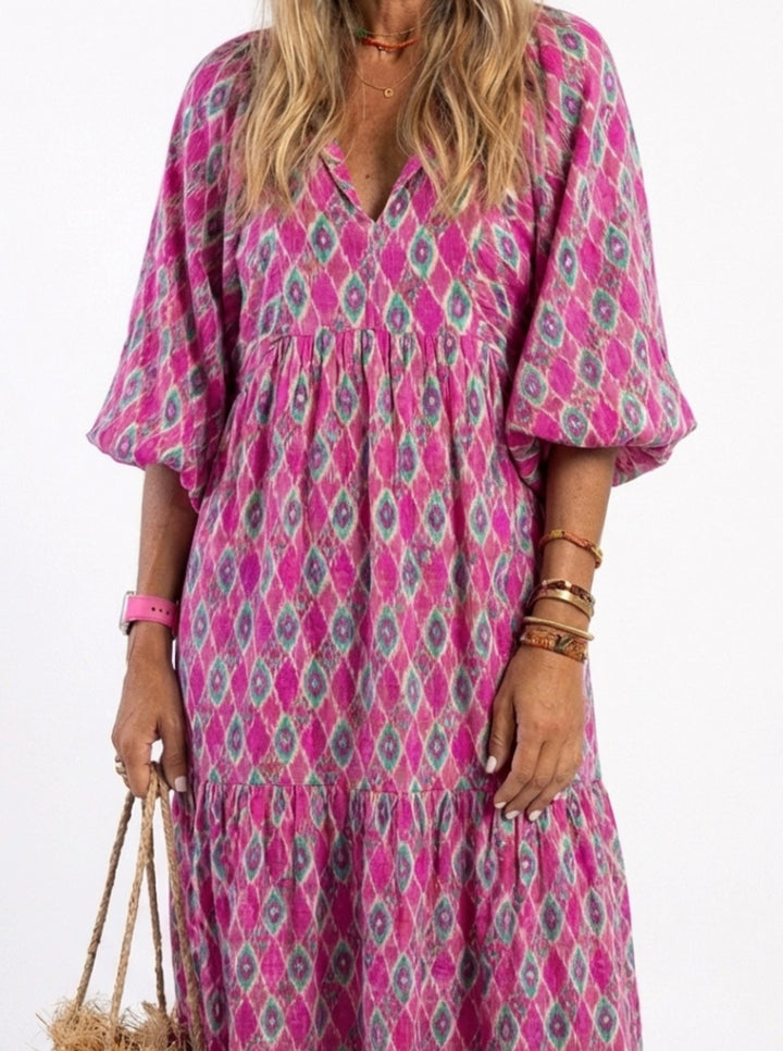 Women's Relaxed-Fit Three-Quarter Sleeve Tiered Midi Dress