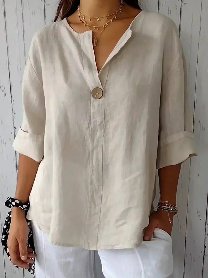 Women's Relaxed-Fit V-Neck 3/4 Sleeve Button Linen Blouse - Beige