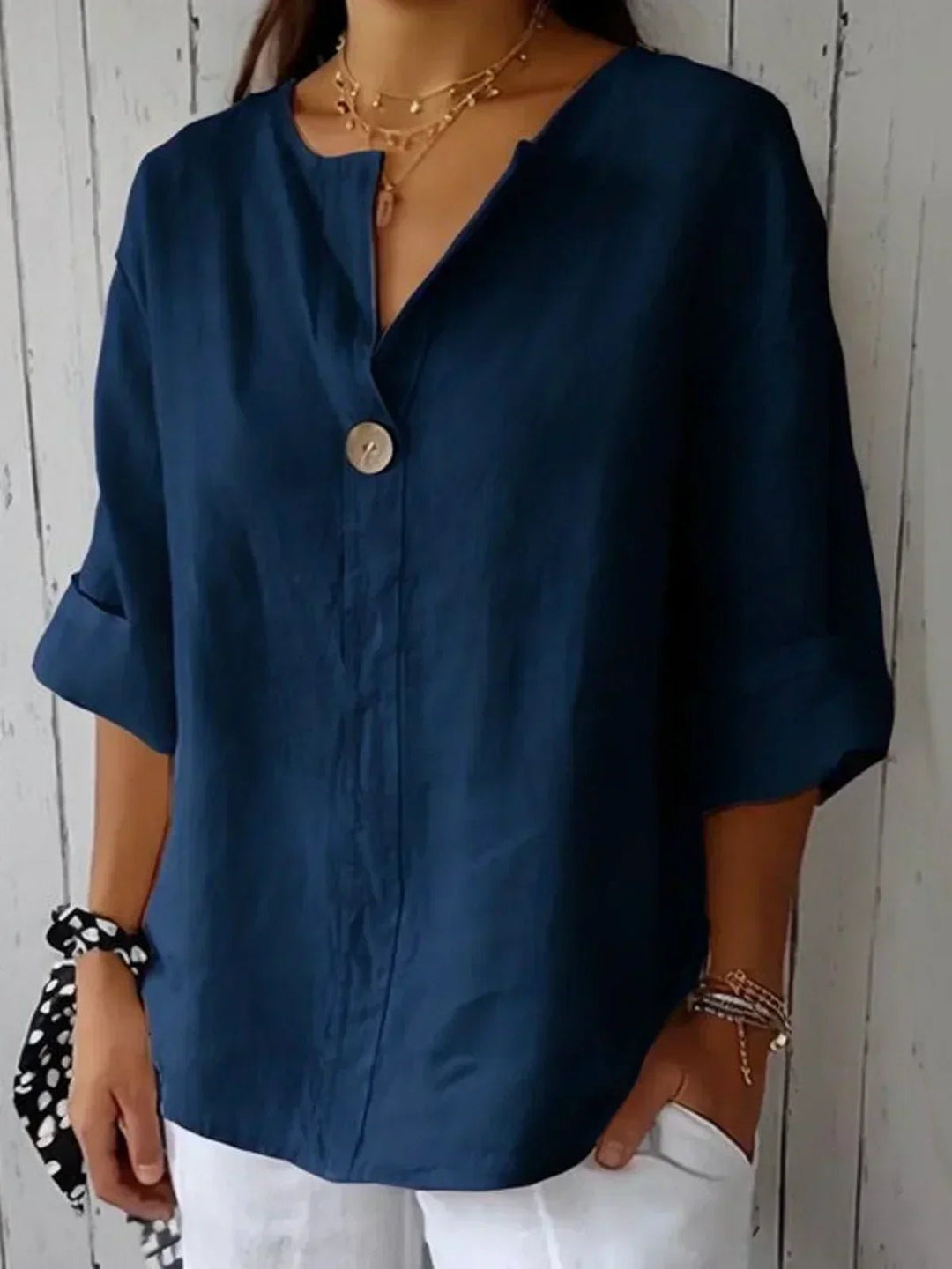 Women's Relaxed-Fit V-Neck 3/4 Sleeve Button Linen Blouse - Navy Blue