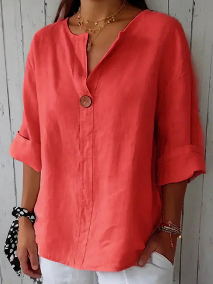 Women's Relaxed-Fit V-Neck 3/4 Sleeve Button Linen Blouse - Red