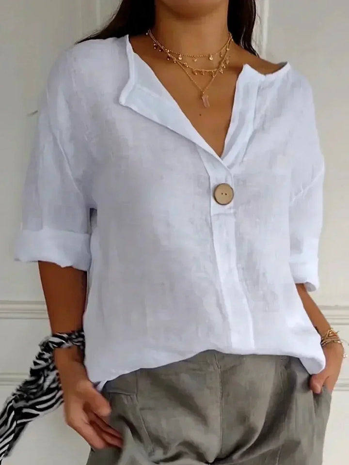 Women's Relaxed-Fit V-Neck 3/4 Sleeve Button Linen Blouse - White