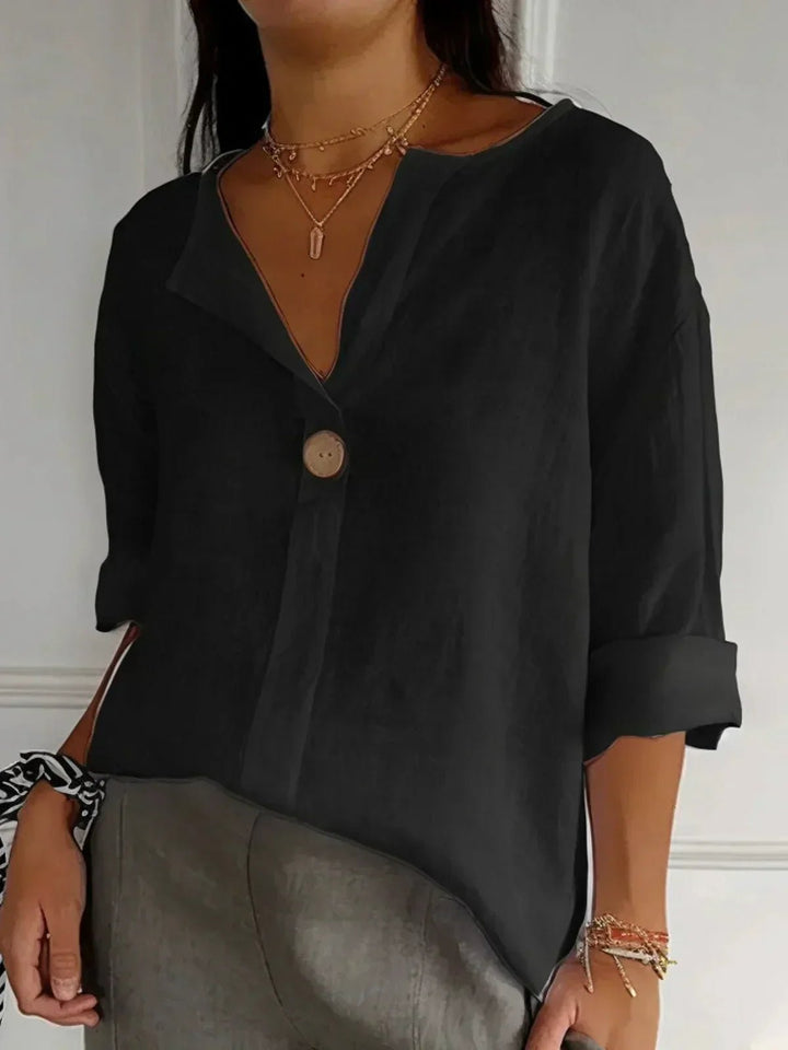 Women's Relaxed-Fit V-Neck 3/4 Sleeve Button Linen Blouse - Black