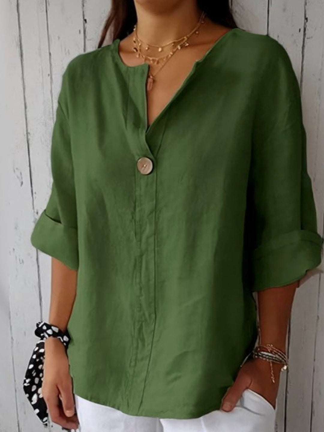 Women's Relaxed-Fit V-Neck 3/4 Sleeve Button Linen Blouse - Green
